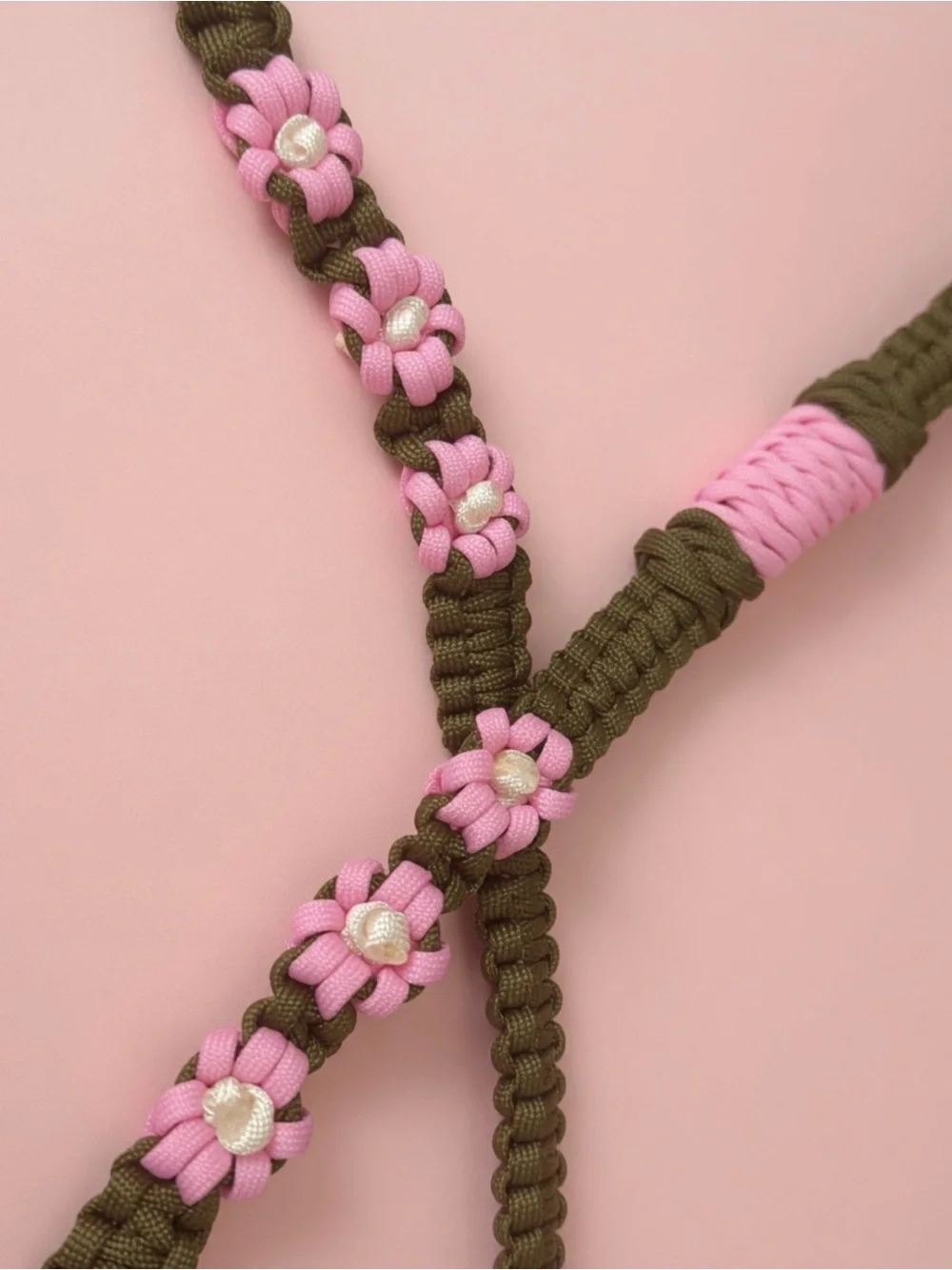 Handcrafted Olive Green and Pink Floral Braided Paracord leash with key chain